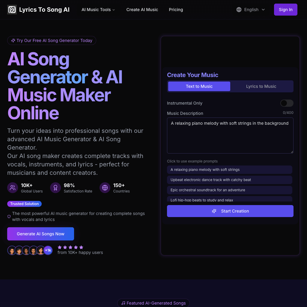 AI Song Generator & AI Music Maker Online | LyricsToSongAI.com