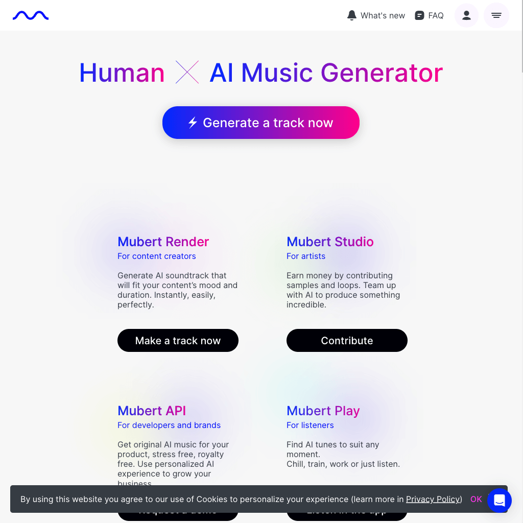 Mubert - Thousands of Staff-Picked Royalty-Free Music Tracks for Streaming, Videos, Podcasts, Commercial Use and Online Content