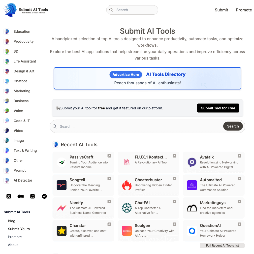 Submit AI Tools : The Ultimate AI Directory for Discovering & Listing AI Solutions The Ultimate AI Directory for Discovering & Listing AI Solutions