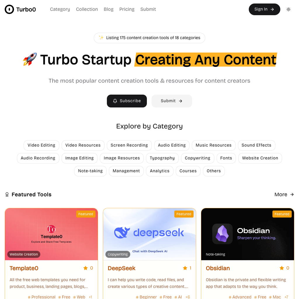 Turbo0 - Popular Content Creation Tools Directory