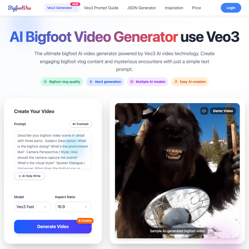 BigfootVeo - AI Bigfoot video Generator use google Veo3 AI